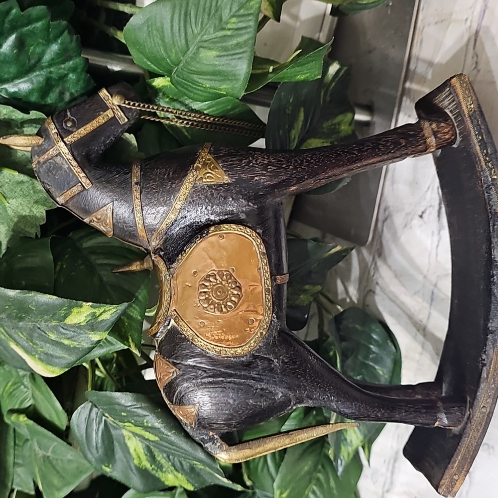 Vintage Carved Wooden Hammered Brass Rocking Horse Decor - Picture 8 of 12